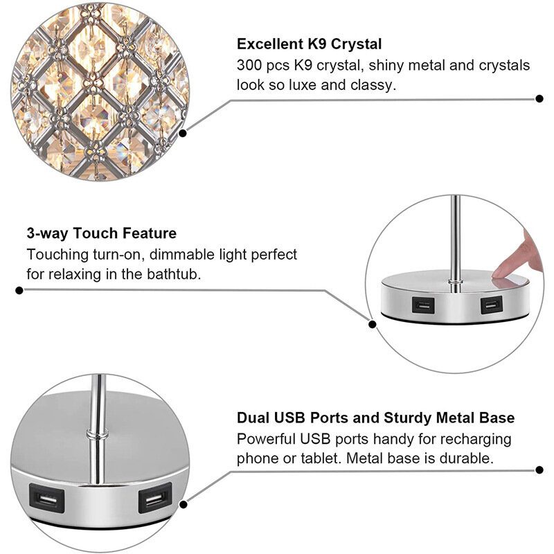 Usb Újratölthető Kristály Íróasztali Lámpa Érintős Tompítású Éjjeli Lámpák Hálószoba Led Éjszakai Fényforrással