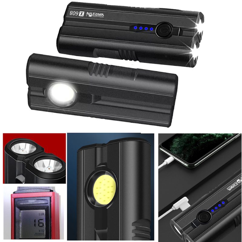 Warsun X608 Dupla P8 Led 1600lm Erős Zseblámpa 16 Gyöngyös Cob Oldalsó Lámpával Telefon Mobil Power Bank Usb Újratölthető Camping Mantain Light