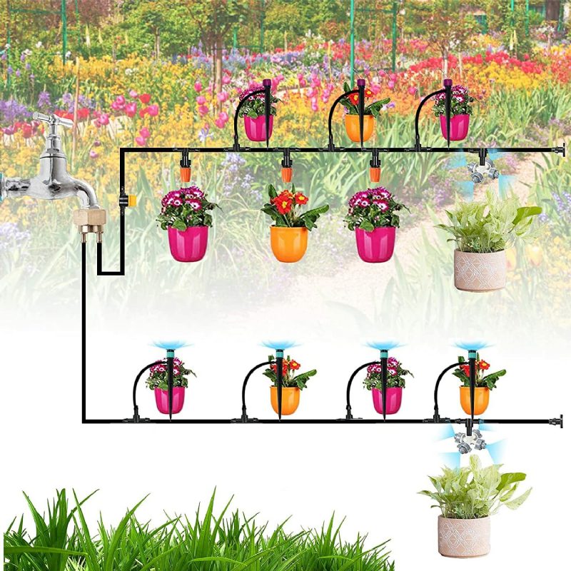 Csepegtető Öntözőkészlet 59ft/18m Kerti Öntözőrendszer Üvegházi Terasz Automata Öntözőkészletek Kétirányú Sárgaréz Menetes Csatlakozóval És 4 Féle Permetezővel Egyszerű Telepítés