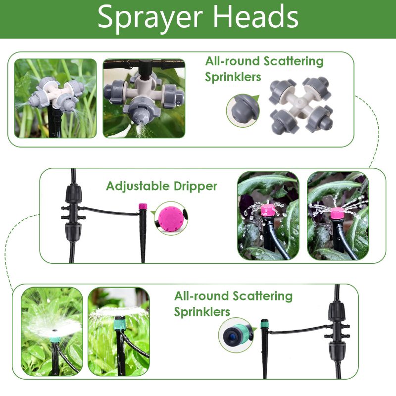Csepegtető Öntözőkészlet 59ft/18m Kerti Öntözőrendszer Üvegházi Terasz Automata Öntözőkészletek Kétirányú Sárgaréz Menetes Csatlakozóval És 4 Féle Permetezővel Egyszerű Telepítés