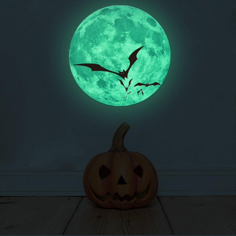 Halloween Moon Denevér Világít A Sötétben Fali Matrica Világító Kivehető Party Szoba Dekoráció